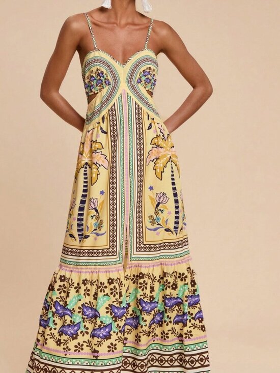 Dresses & Skirts - Multicolor Boho Women's Halter Dress with Cutout Waistband and Side Slits